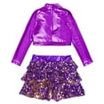 thumbnail image 4 of YONGHS Kids Girls Sequins Long Sleeve Crop Top with Shorts Culottes Jazz Hip Hop Dance Costume Purple 8, 4 of 5