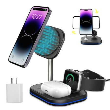 AOKESI Wireless Charger with 18W Adapter 3 in 1 Fast Wireless Charging Station Foldable Mag-Safe Charger Fit for iPhone 15 14 13 12 11 Max Pro Max iWatch Ultra 2 AirPods 3/2 Black