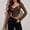 Coffee, variant on Women's Fashion Short Cropped Long Sleeve T Shirt Square Neck Mesh Backless Bodycon Top with Leather Trim Elegant Stylish Casual Blouse
