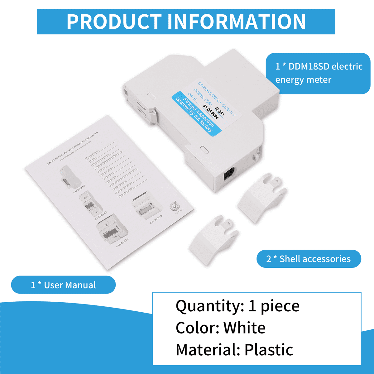 5-100A 220V Energy Meter Single Phase RS485 MODBUS Protocol LCD Backlit Display Din Rail Watt Meter Energy Meter,1 * DDM18SD Energy Meter 2 * Shell Accessories 1 * User manual,white