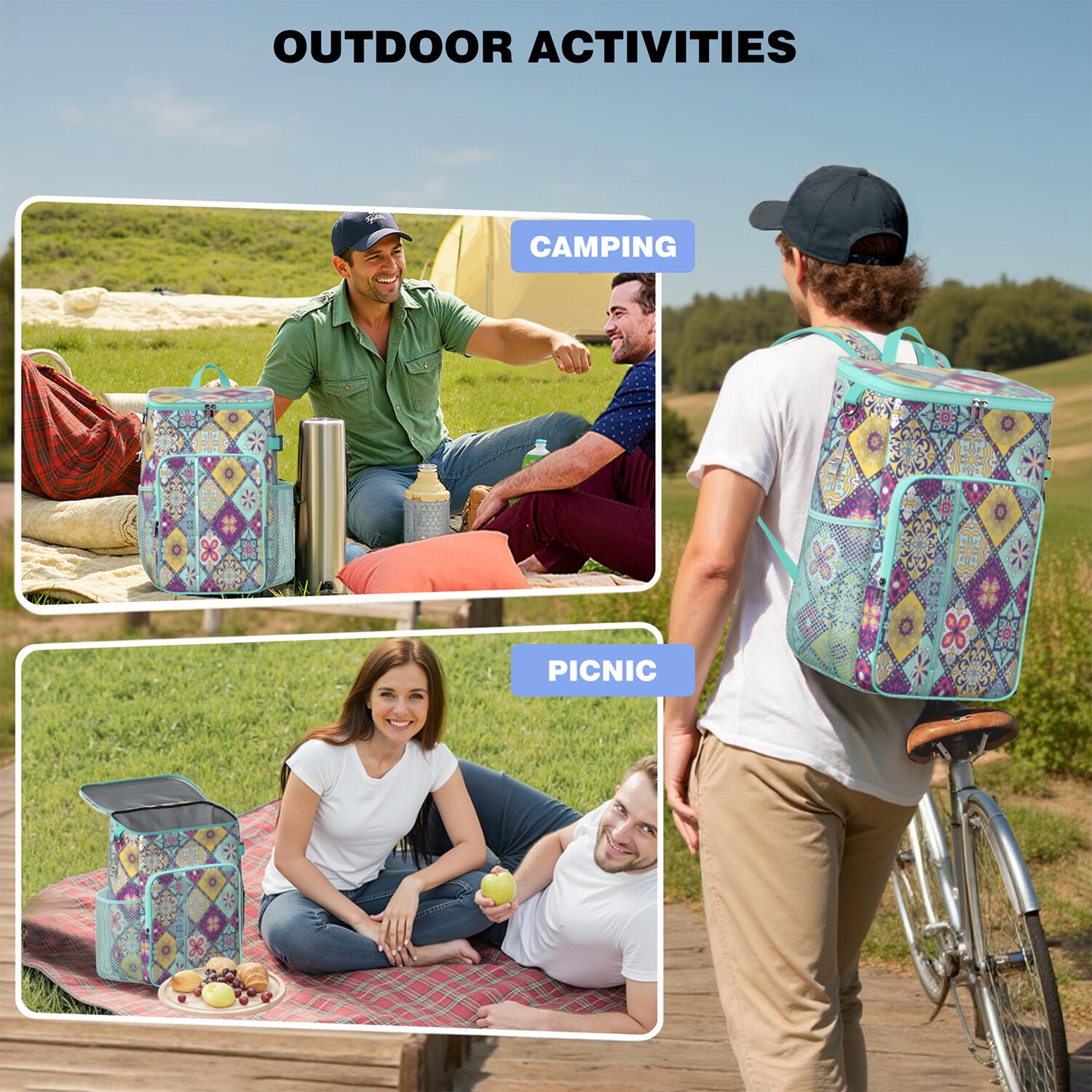 Travel Cooler Bag - Boho Bohemia Flower Camping Beer Cooler Backpack with Bottle Opener- Waterproof Insulated Picnic Backpacks - Cooler Bag for Beach
