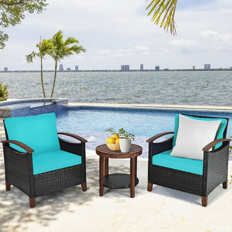 Costway 3PCS Patio Rattan Furniture Set Wooden Frame Cushion Table Shelf