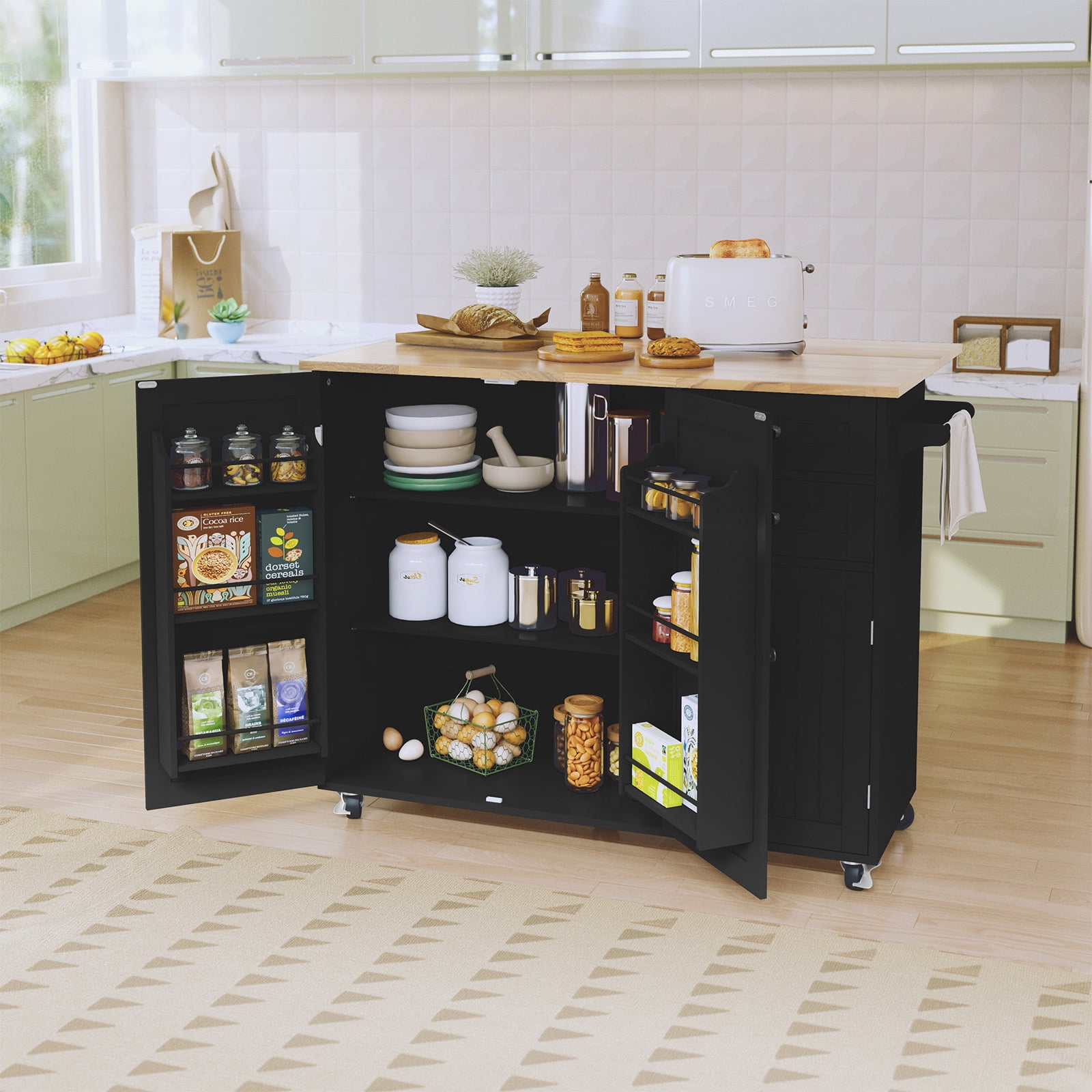 CBJCBJ 50.4" Kitchen Island with Storage, Wood Top Cart with Drop Leaf and Wheels, Black