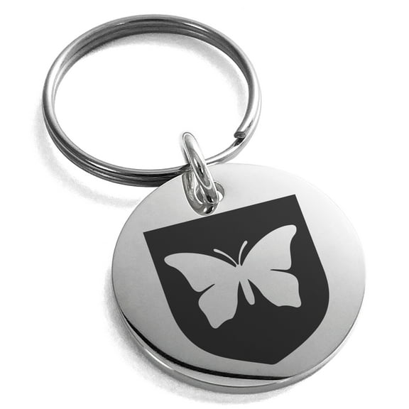 Stainless Steel Butterfly Free Spirit Coat of Arms Shield Engraved Small Medallion Circle Charm Keychain Keyring