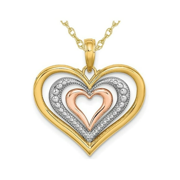14K Yellow Gold Triple Heart Charm Pendant Necklace with Chain