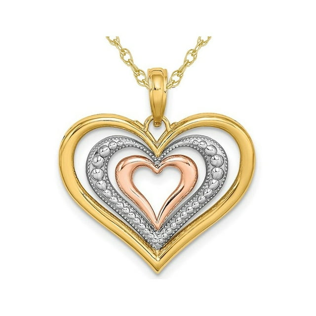 14K Yellow Gold Triple Heart Charm Pendant Necklace with Chain