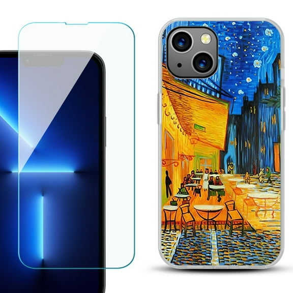 Slim-Fit TPU Phone Case for iPhone 14, with Tempered Glass Screen Protector, by OneToughShield ® - Cafe Terrace