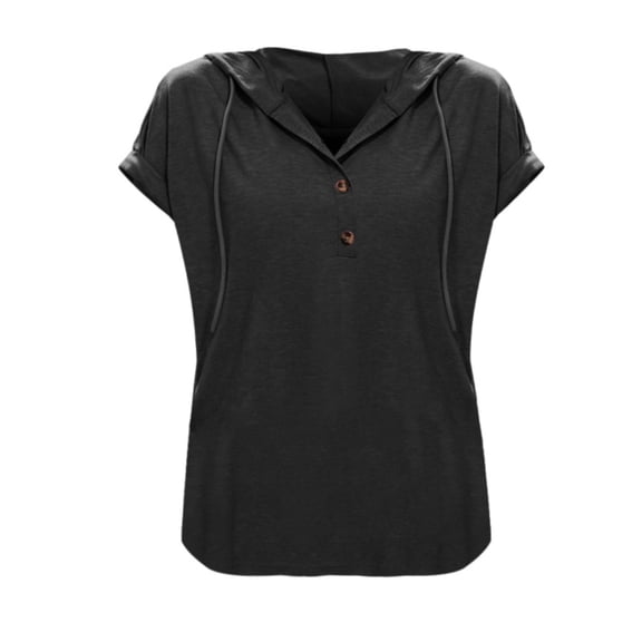 Shirts for Women Loose Hooded Button Short Sleeve T Shirt Soft Knitted Polyester Spandex Cotton Blend for Casual Wear L Size Spring Summer Womens Tops