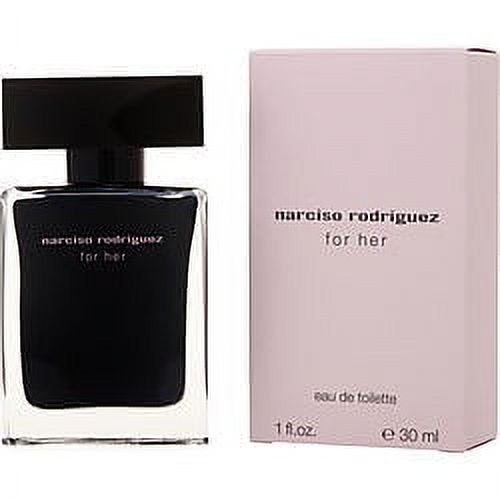 Narciso Rodriguez By Narciso Rodriguez Edt Spray 1 Oz, a women's perfume featuring a blend of osmanthus, bergamot, vetiver, vanilla, and patchouli. The image shows a 1 oz black rectangular bottle with a sleek design and a matching black cap, accompanied by a light pink box with the product name printed in black. Suitable for casual use, this refreshing, oriental, and woody fragrance is ideal for various occasions.