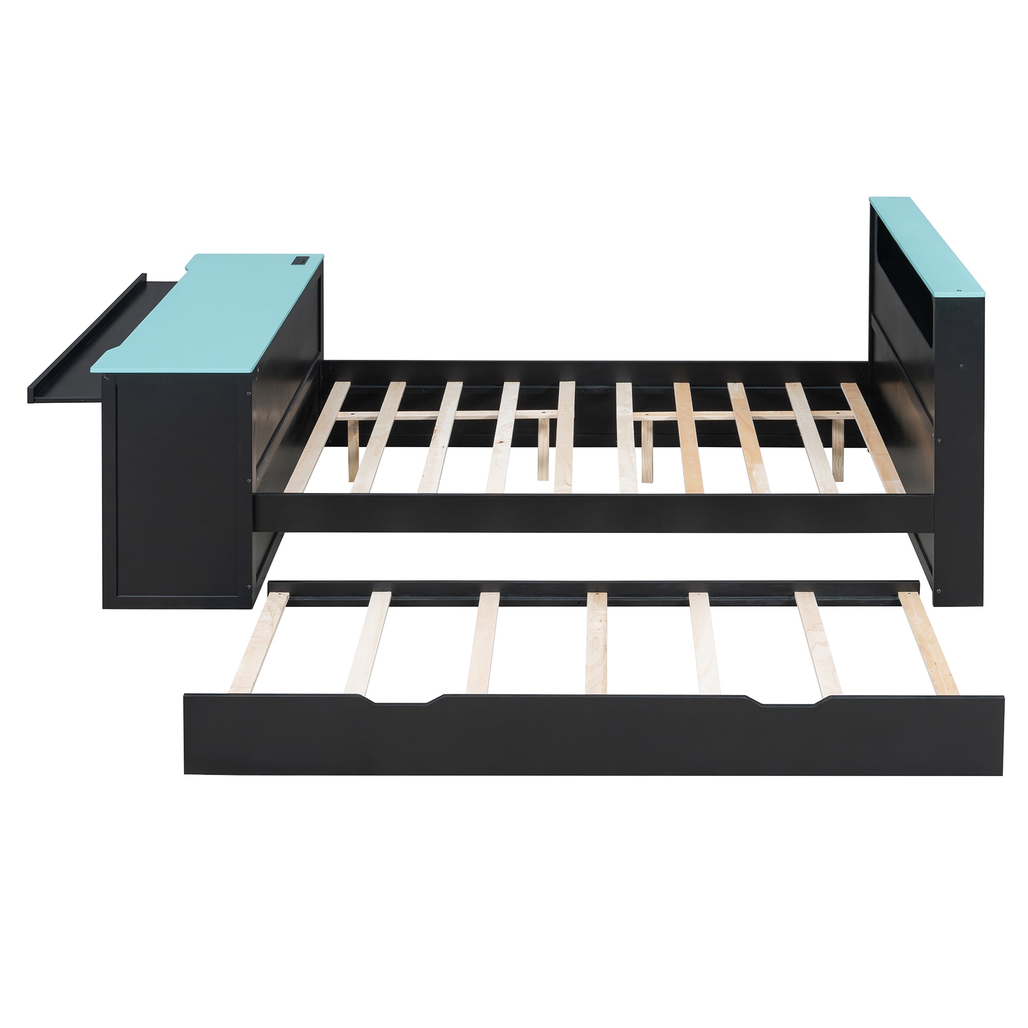 Mintazer Full Gaming Bed with Charge Station & Lights, Daybed with Desk & Trundle for Home Office, Black & Blue