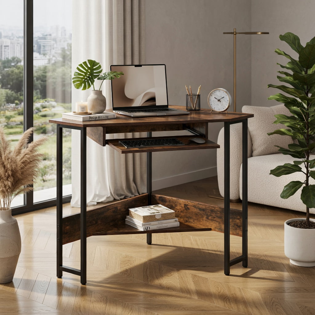 Demi Bonn Triangle Corner Desk with Charging Station Keyboard Tray and Storage Shelf, Small Home Office Desk Study Writing Table, Brown