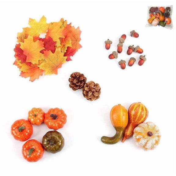 50 Pieces Fall Artificial Harvest Decor Set Mini Fake Pumpkins Gourds Maple Leaves Pine Cones Acorns for Thanksgiving Halloween Table Home Festival Decorations