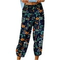 thumbnail image 2 of Huowey Palazzo Pants For Women Floral Print High Waist Drawstring Capri Pants With Pockets Wide Leg Cropped Pants Summer Baggy Breathable Cozy Ankle Length Trousers,Black,L, 2 of 5
