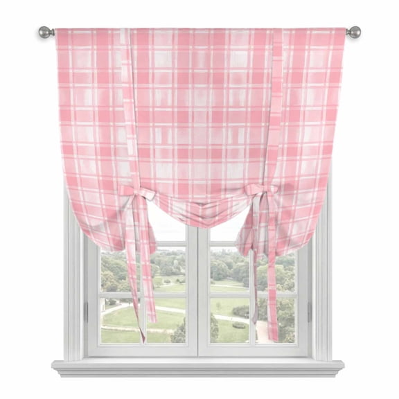 Pink Plaid Tie Up Curtains for Windows, Adjustable Balloon Window Shades, Modern Art Checkered Farmhouse Kitchen Window Treatments Adjustable Roll Up Curtain for Basement/Nursery 52"x45"