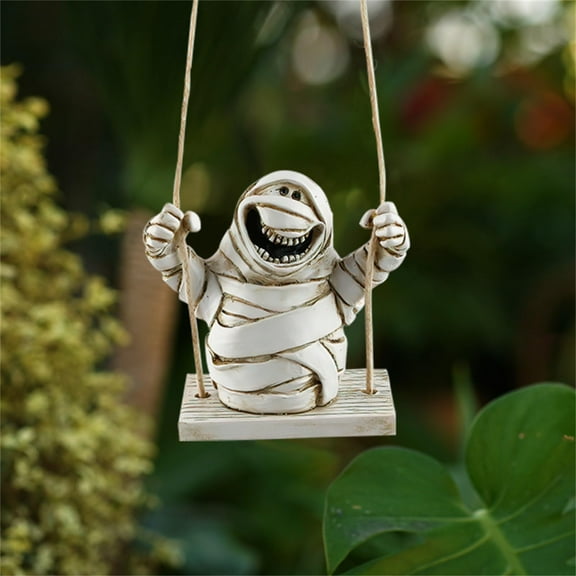 Mummy Statue Collection Decoration,Garden Mummy on Swing Statue,Halloween Mummy Figurines for Garden Decor,Gothic Zombie Garden Miniature Figurines, Mummy Sculptures Home Decoration