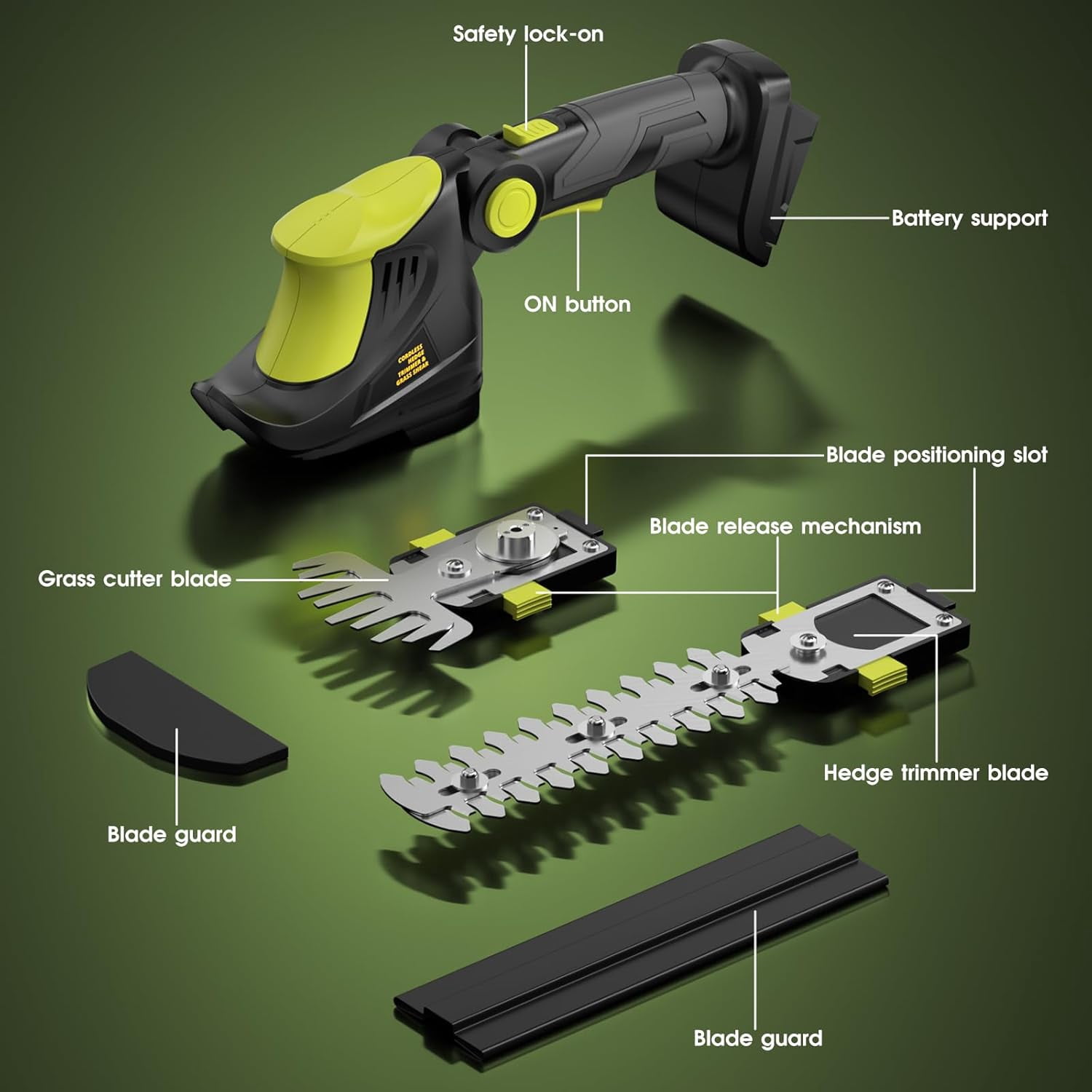 Cordless Hedge Trimmer for DeWalt 20V  Battery, 1200RPM Electric Grass Shear 2-in-1 Tool with Dual Safety Locks for Garden Yard Lawn Care (Green, Battery Not Included)