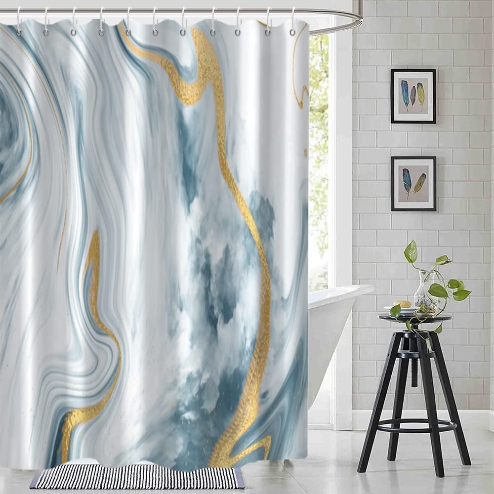 Marble Shower Curtain, Abstract Modern White Blue and Gold Marble