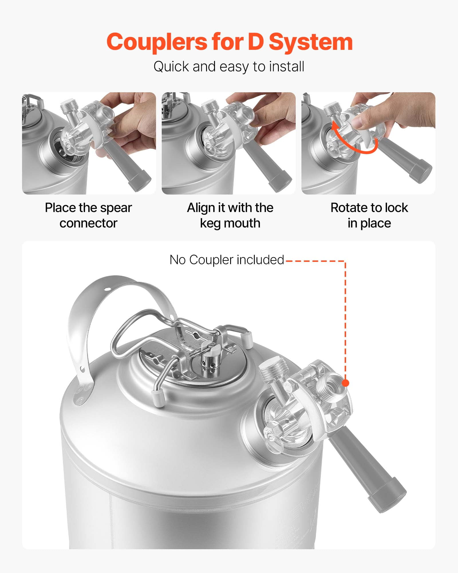 VEVOR Cleaning Keg,1.75 Gallon/6.5L Keg Line Cleaning Kit with D Coupler Connection & Rubber Base,Beer Lines Cleaner Used for Beer Line Cleaning, 304Stainless Steel Kegerator Beers Lines Cleaner Kit