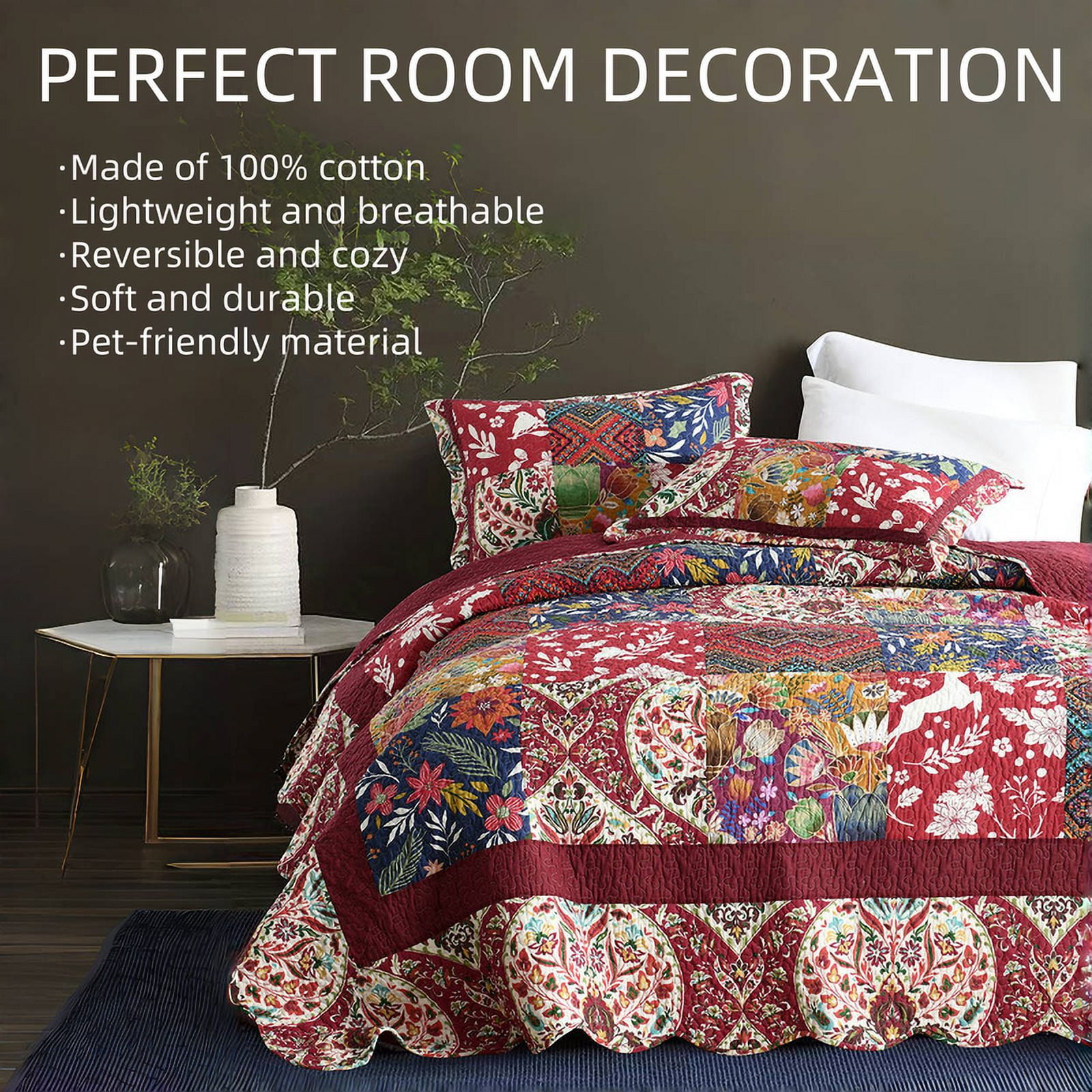 Visimisi 100%Cotton Bedspread Quilt Bedding Sets 3 Pieces Reversible Coverlet Sets Comforters Gorgeous Paisley Floral Patchwork Red Bedspread, King Size