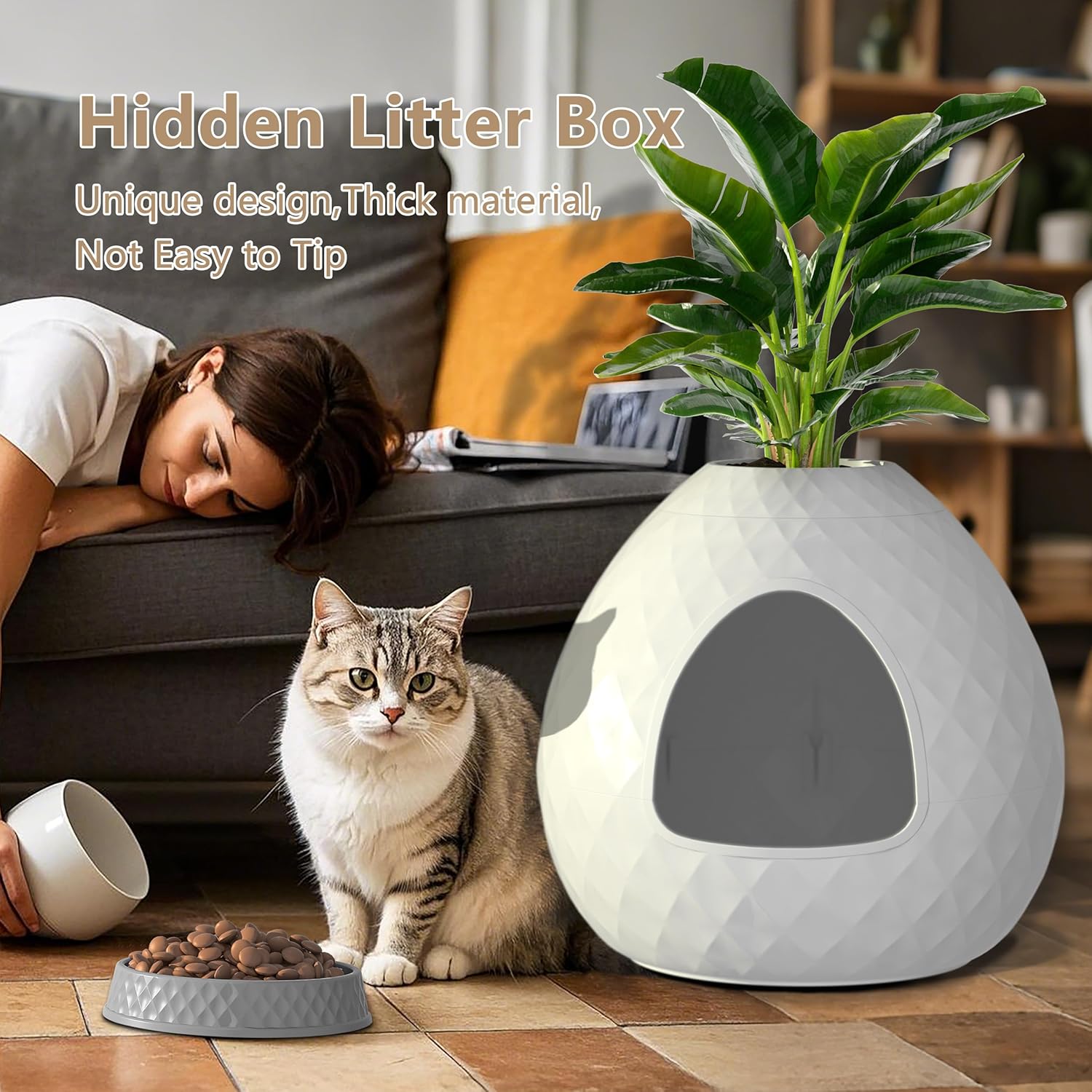 Hidden Cat Litter Box, Plant Cat Litter Box with Removable Planter Top Vented, Multi-Functional Resin Litter Boxes Enclosure Furniture, Easy to Clean, for Living Room Indoor (White, No Plant)