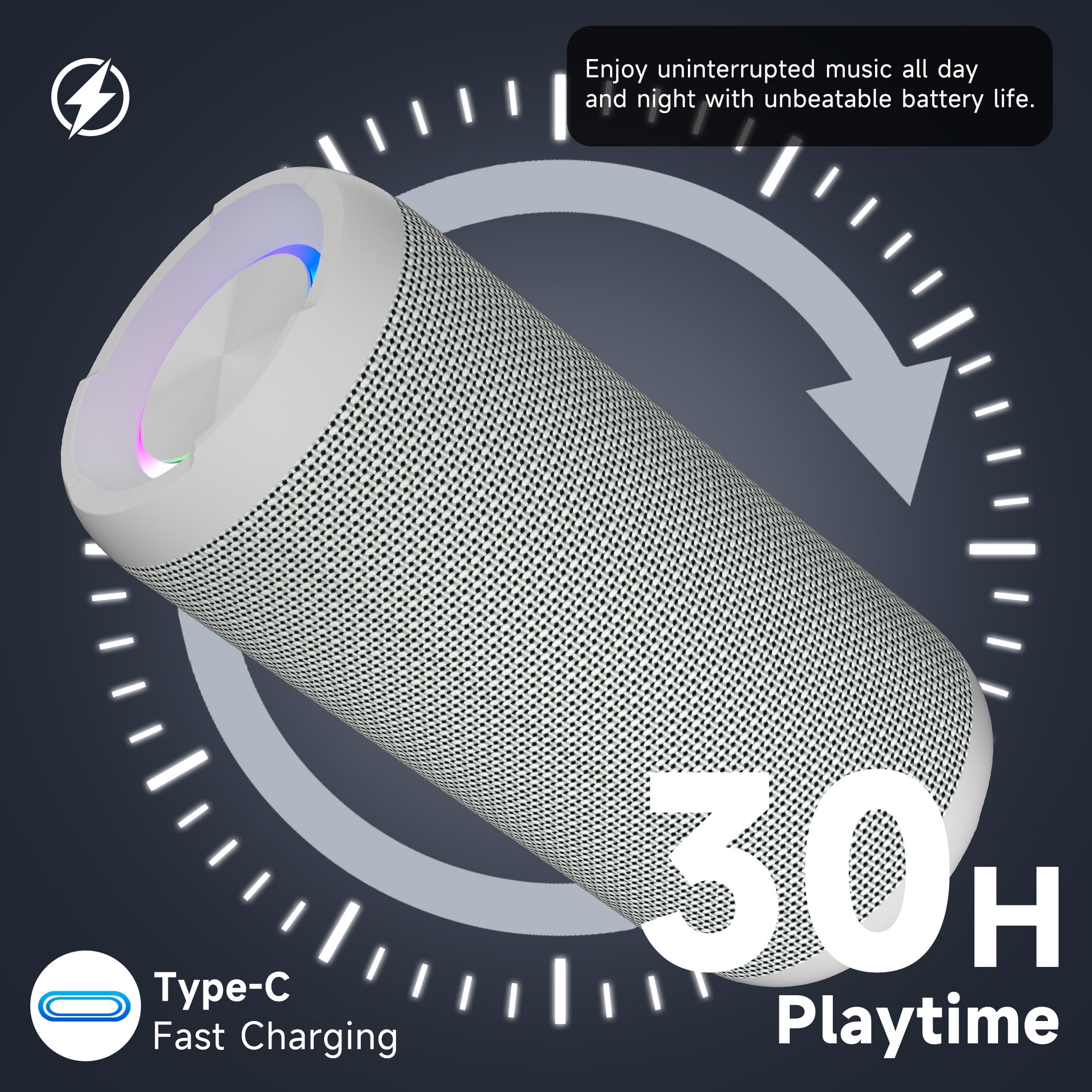 Solorage Portable Bluetooth Speaker IPX7 Waterproof, 24W Loud Sound, Deep Bass, Bluetooth 5.3, 30H Playtime, Wireless Stereo Pairing, LED Lights, for Home/Beach/Party/Outdoors-Gray
