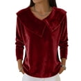 thumbnail image 3 of Women's Sparkly Velvet Solid Tops Elegant Asymmetrical Shawl Collar Neck Long Sleeve Shirts - Casual Ruched Velour Lightweight Warm Work Blouse - Spring Fall Winter Dressy Casual Blouses Wine XXL, 3 of 5