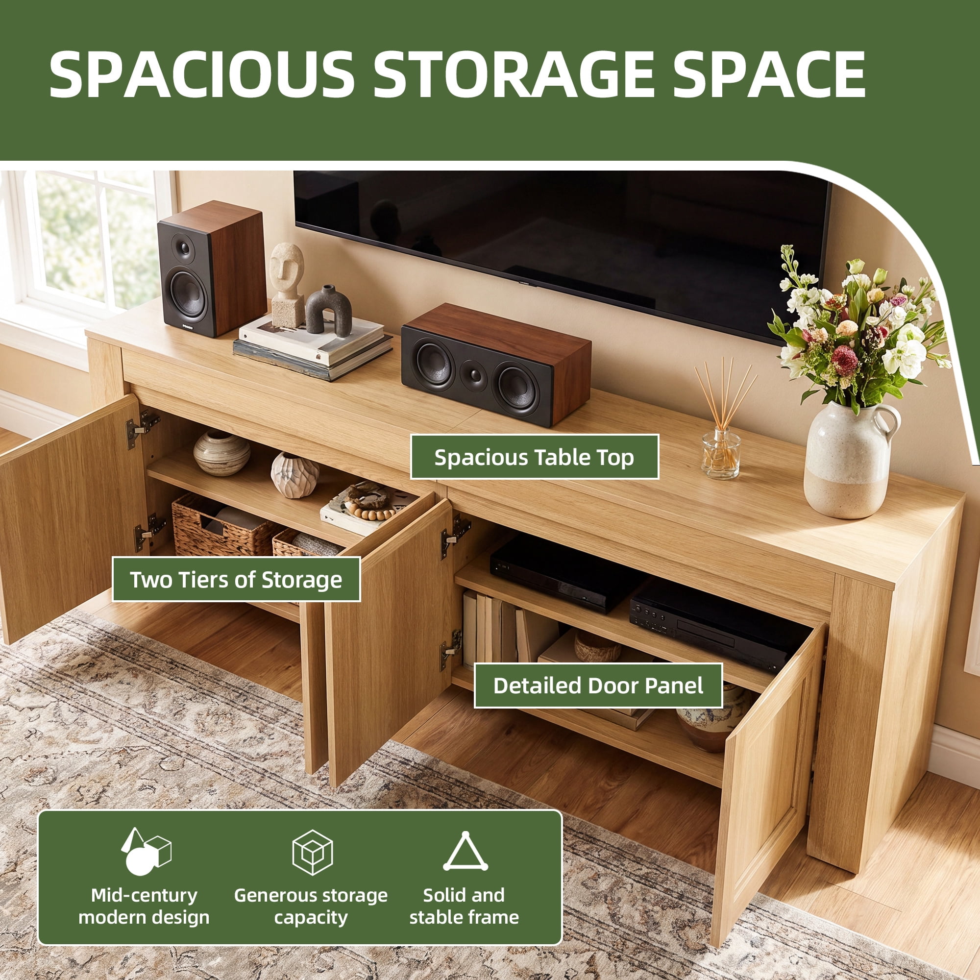 Uforic 70 Inch Modern Farmhouse TV Stand for Up to 80 Inch TVs with 4 Storage Doors & Inner Shelves for Living Room, Natural Oak