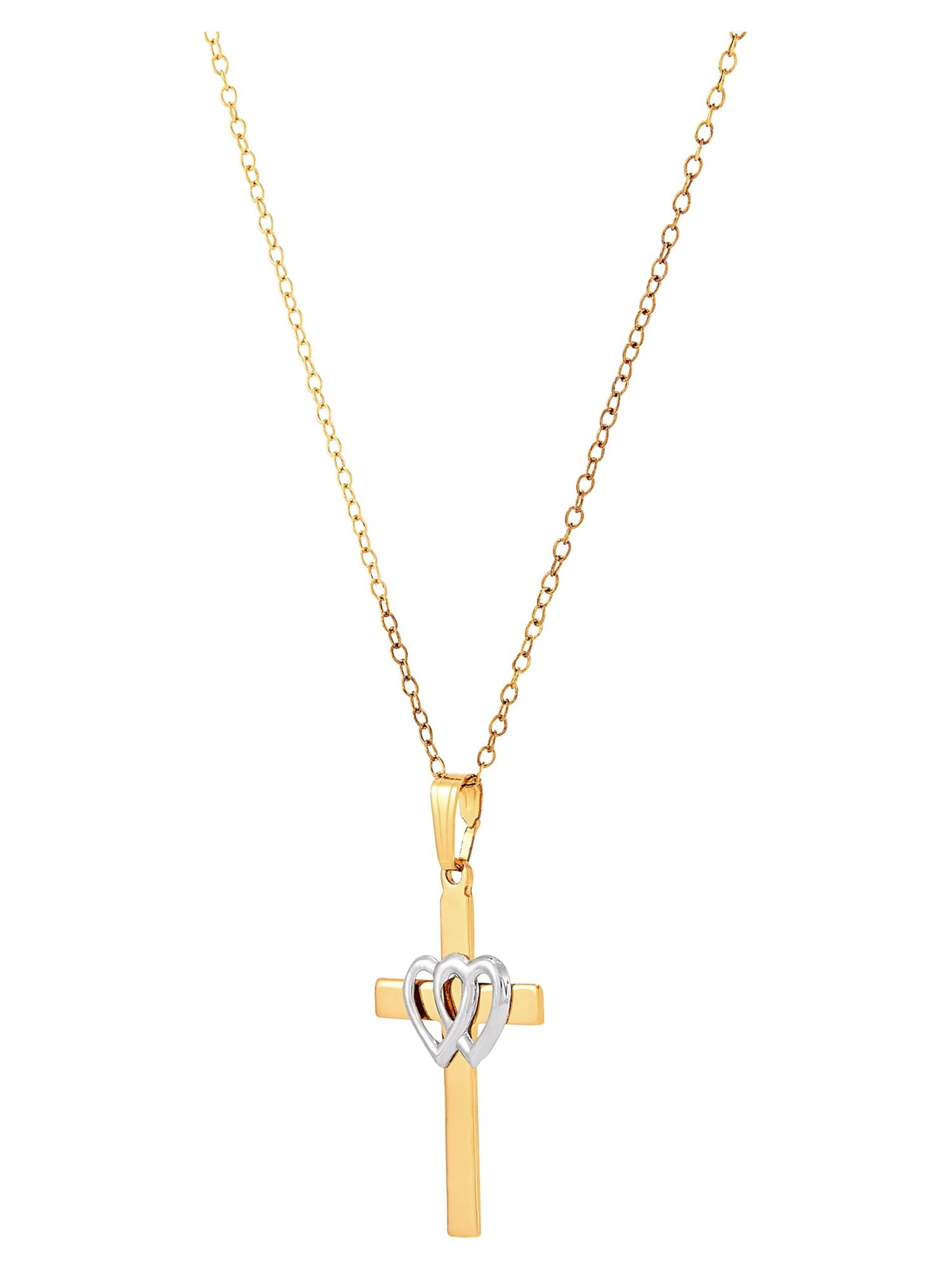 Brilliance Fine Jewelry Cross Double Hearts Pendant in Sterling Silver and 18k Gold Plate, 18"