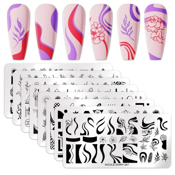 Born Pretty Ensemble de Gabarits de Estampage pour Ongles Fleurs Feuilles Plante Image de Estampage Française Plaques de Manucure Design DIY 8 Pcs