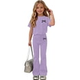 thumbnail image 2 of Kilaqueen Girls Outfits Summer Short Sleeve T Shirt Flared Pants Sets Cute Bow Printed Casual Vacation Clothes Size 5-15T, 2 of 7
