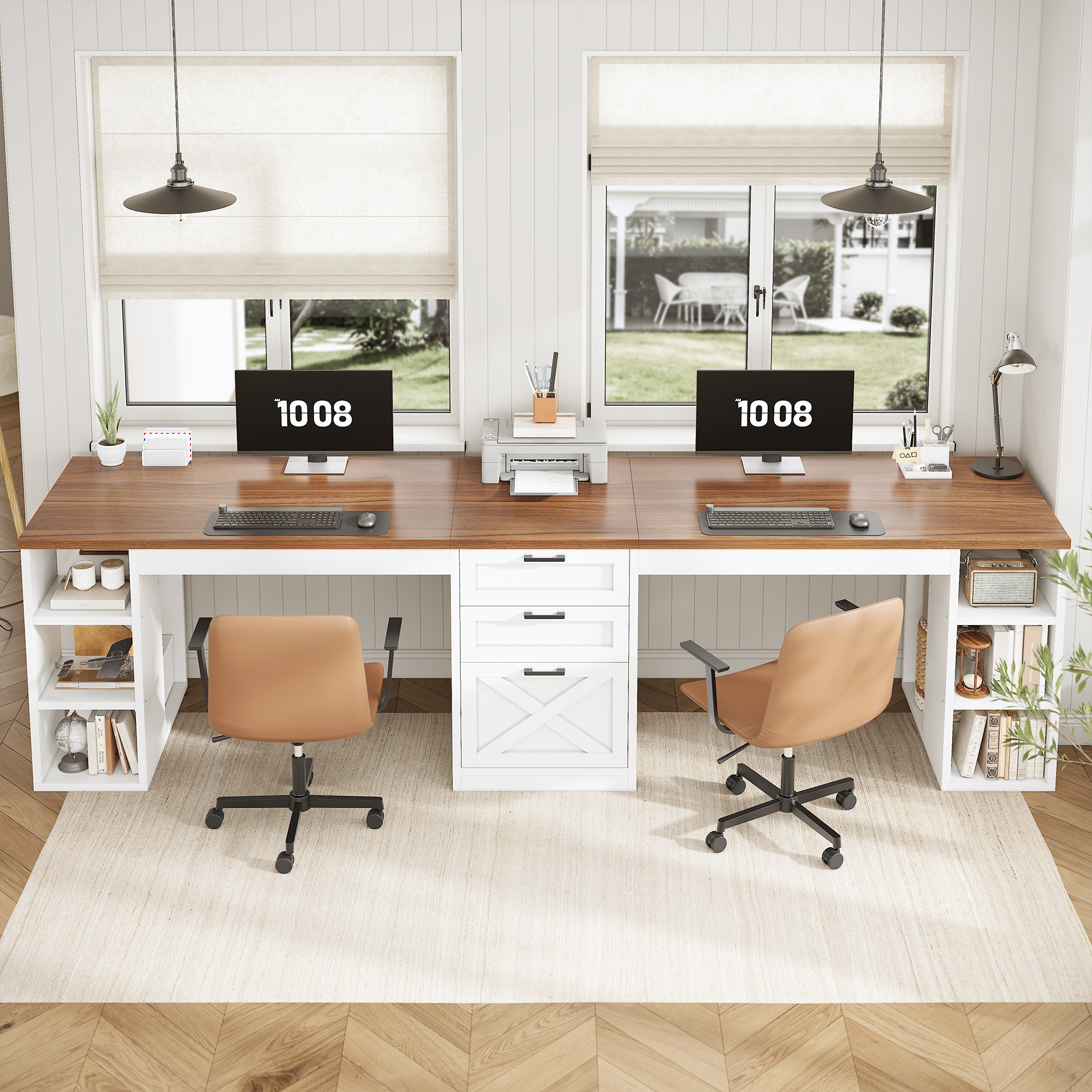 Farmhouse Two Person Computer Desk with 3 Drawers and Storage Shelves, 96.5" Long Home Office Desk