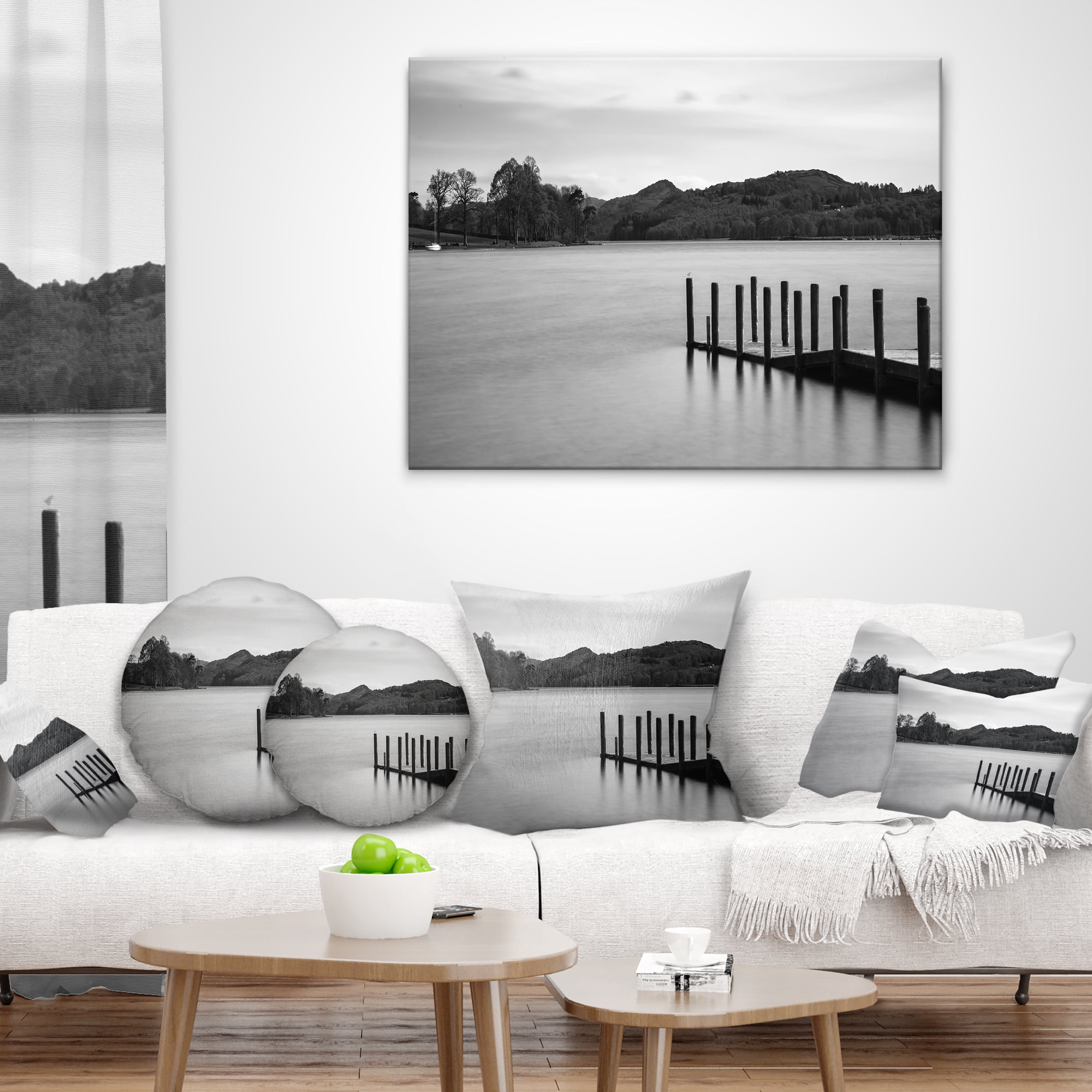 Designart Pier over Coniston Water Panorama - Wooden Sea Bridge Throw Pillow - 18x18