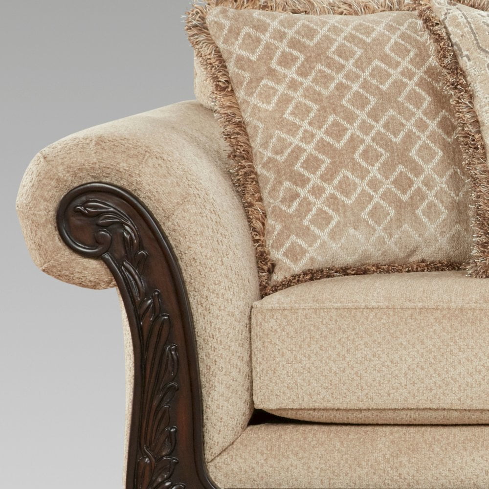 Roundhill Furniture Hernen Carved Wood Frame Sofa, Emma Wheat