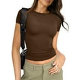 thumbnail image 5 of 3 Pack Short Sleeve Crop Tops For Women Graphic Y2k Teen Girls Cute Tight Shirt Slim Fitted Workout Thermal Athletic Basic Tee Outfit Crew Neck Layering Juniors Tops Brown S, 5 of 6