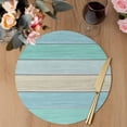 thumbnail image 3 of Teal Wooden Grain Round 13 Inch Placemats Set of 6, Vintage Chic Geometric Ombre Turquoise HeatResistant Non Slip Place Mats for Dining Table, Wipeable Braided Kitchen Table Mats for Housewarming, 3 of 9