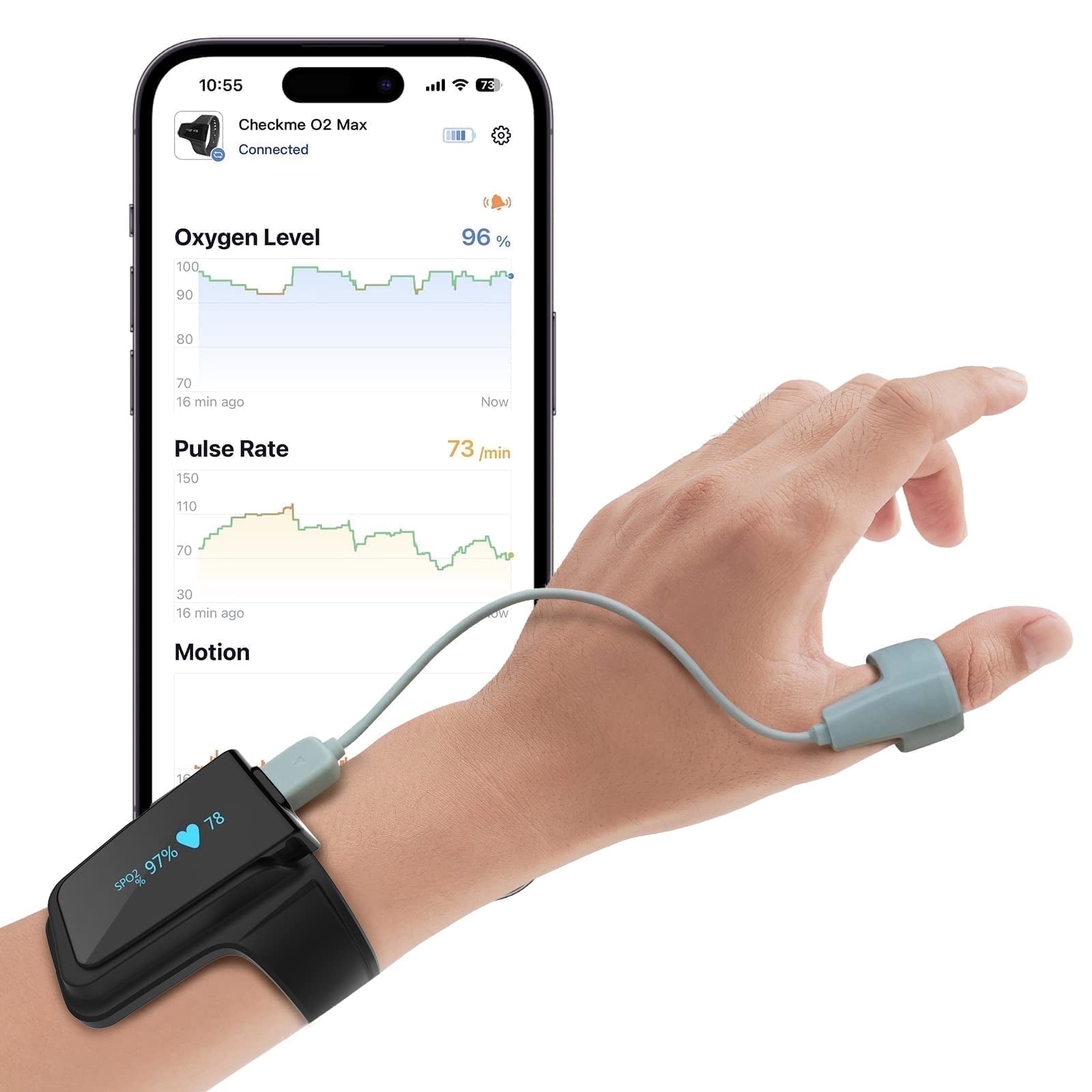 Vibeat CheckmeO2Max Finger Pulse Oximeter - Rechargeable Sports O2 Monitor w/ Android/iOS App, 24/7 Heart Rate Tracking, Fitness Wearable