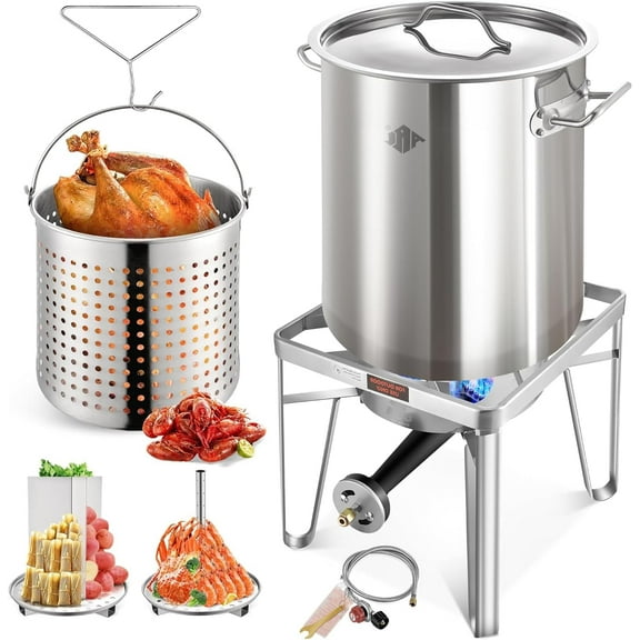 52QT Stainless Steel Turkey Fryer Pot and Burner Kit, Propane Burners, Tamale Steamer Pot with Basket, Steamer Rack, for Outdoor Cooking, Seafood Boil, Crawfish Boil, Home Brewing