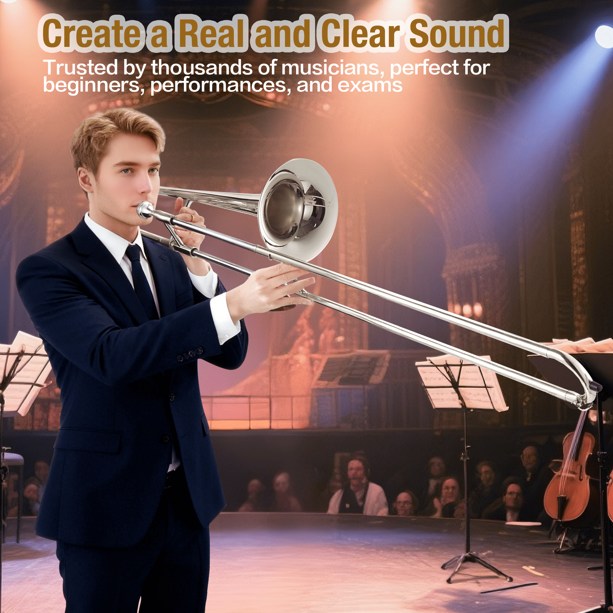 Bb Tenor Slide Trombone, B Flat Brass Plated Trombone Instrument for Students with Tuner, Music Book, Hard Case, Mouthpiece, Cleaning Kit & Gloves (Nickel-Plated)