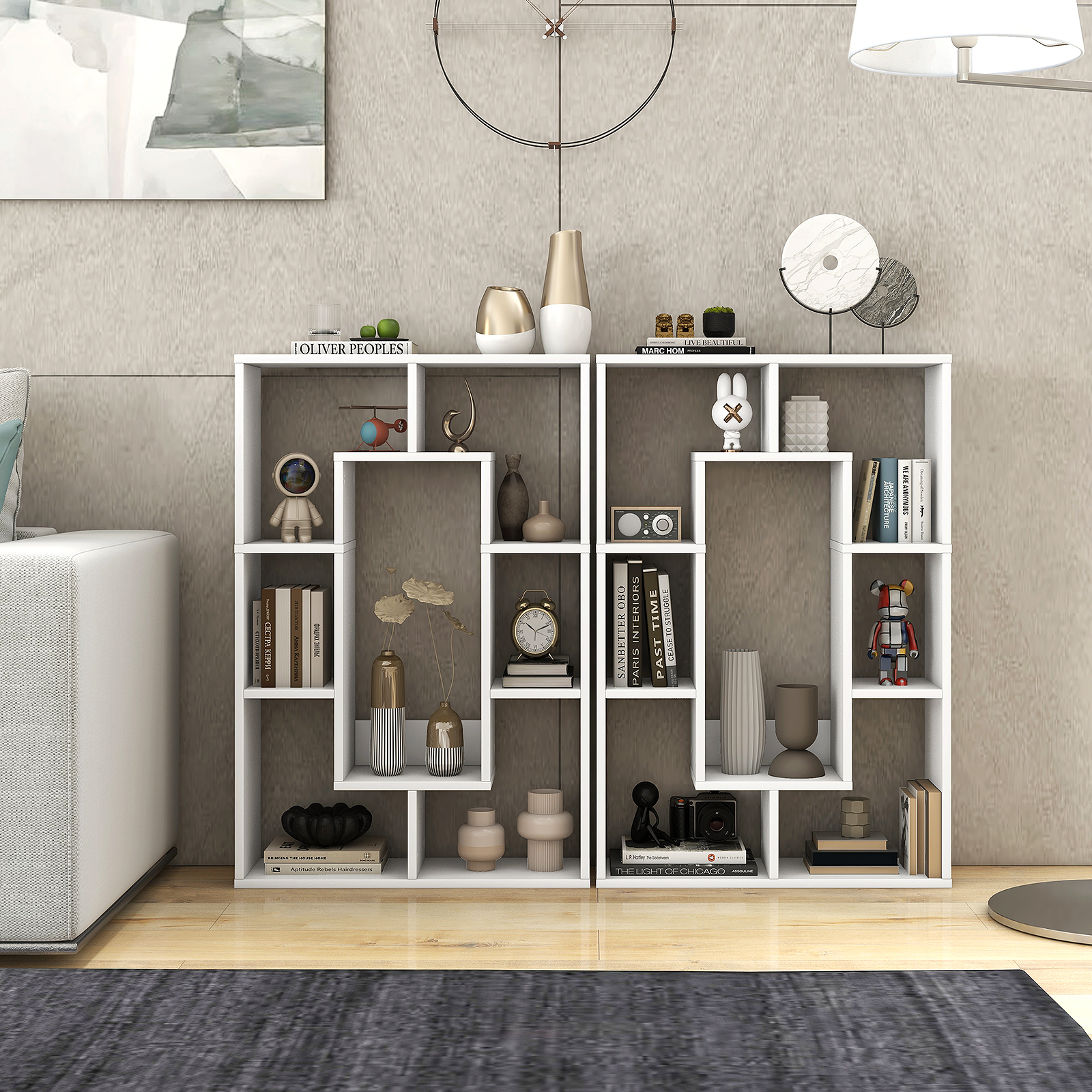 Giantex Wood Geometric Bookshelf, Freestanding Open Bookcase w/7 Cubes, Storage Display Rack for Home Office, White