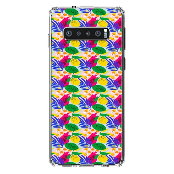 DistinctInk Clear Shockproof Hybrid Case for Samsung Galaxy S10 (6.1" Screen) - TPU Bumper, Acrylic Back, Tempered Glass Screen Protector - Summer Vibes Floral Pattern Pink Green Yellow