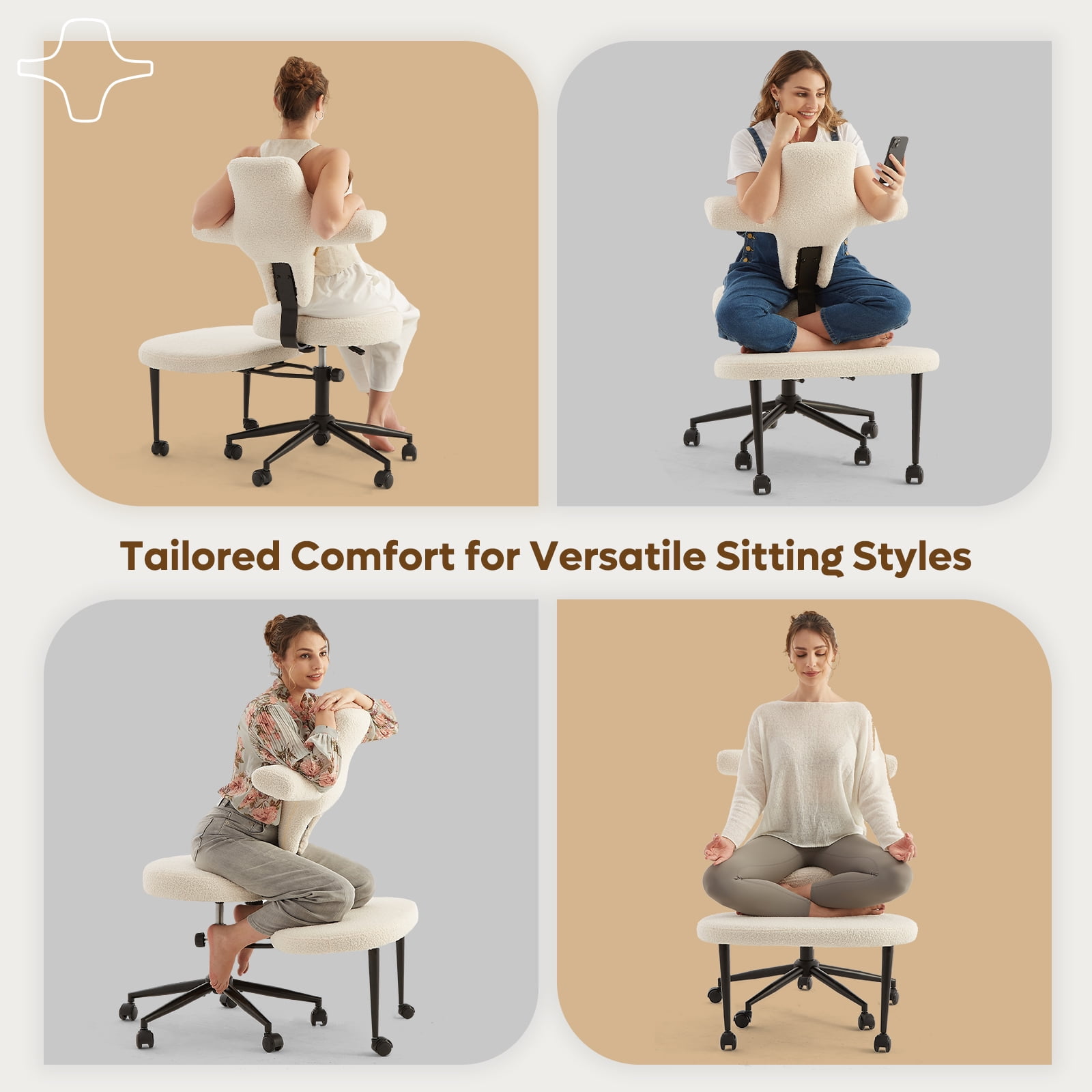 Pinmoco Ergonomic Cross Legged Office Chair, Wide Teddy Fabric Criss Cross Desk Swivel Seating for Home, White