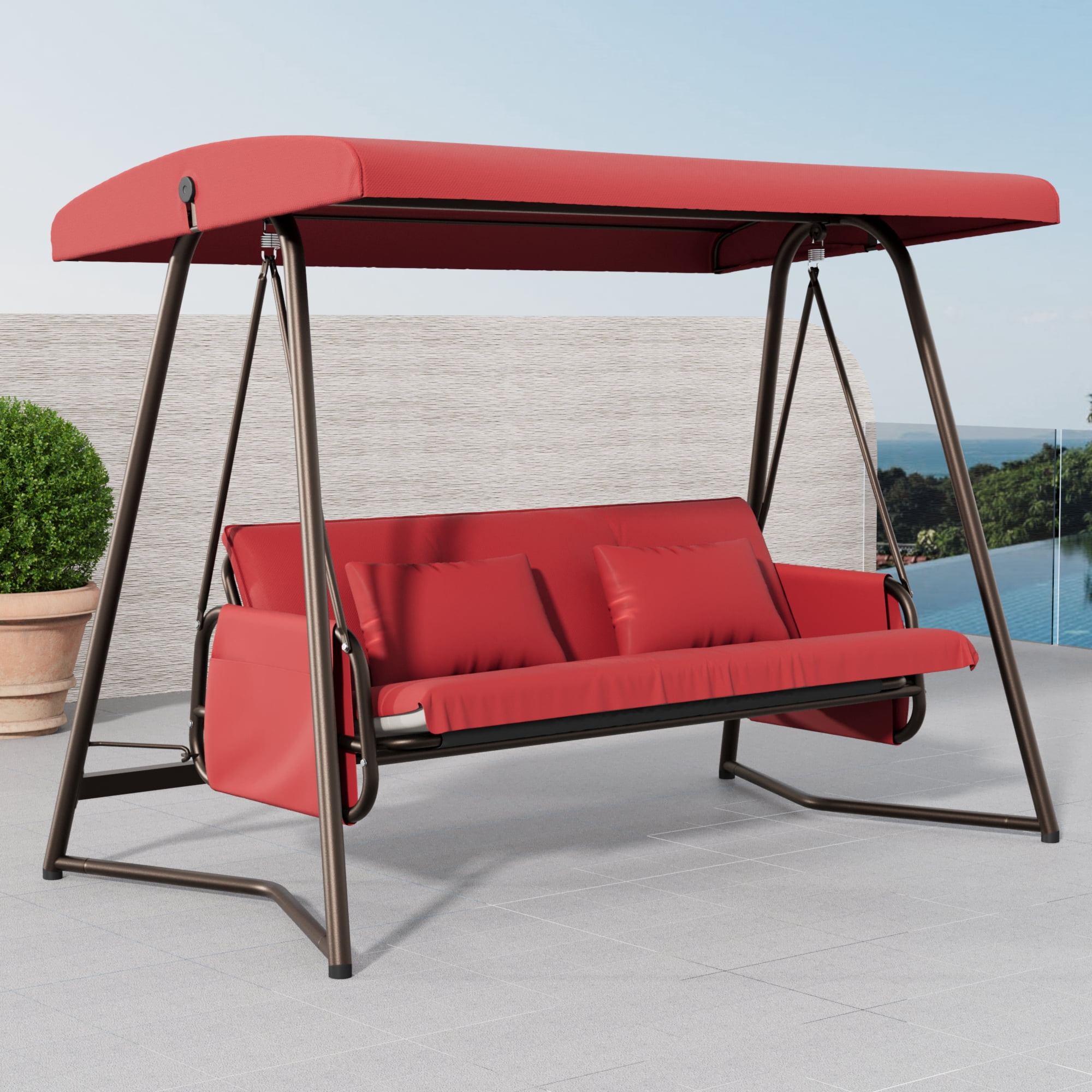Outdoor Patio 3-Seater Metal Swing Chair with Adjustable Canopy & Thick Cushion, 600 lb Capacity Hanging Swing Bed for Garden Backyard Porch Deck, Red