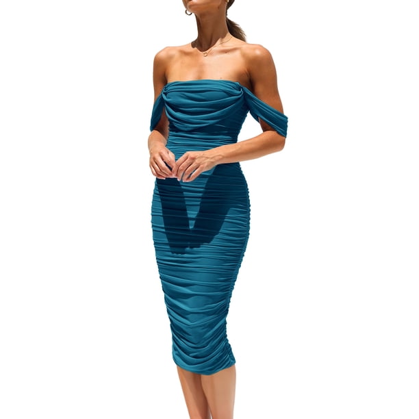 Vestido PRETTYGARDEN 2025 Ajustado con Hombros Descubiertos Ruched Talla L