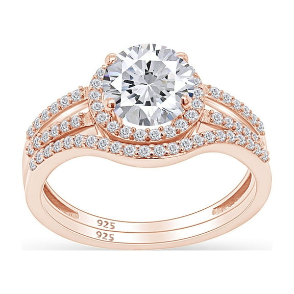 AFFY Round Shape White Cubic Zirconia 14k Rose Gold Over Sterling Silver Halo Bridal Ring Set