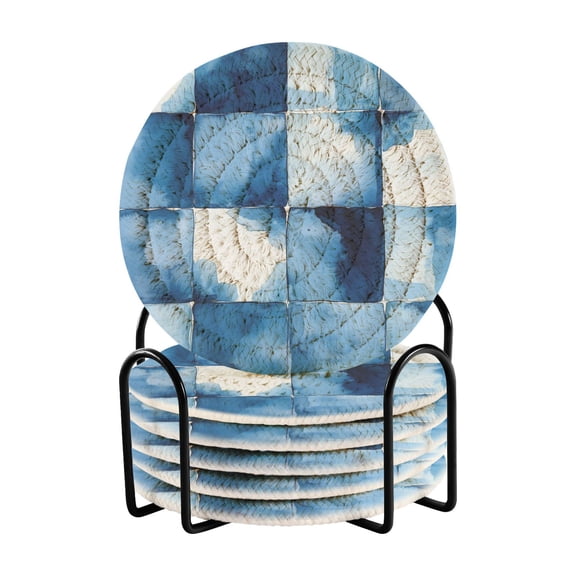 Yayeee 6 PCS Drink Coasters with Holder Set Woven Absorbent Round Tabletop Hot Pad, Blue Pattern