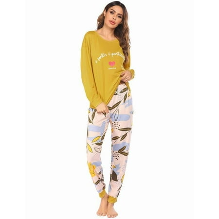 

Women Pajamas Suit Cotton Long Sleeve Lovely Print Plain Tunic Top and Leggings Pajama Set