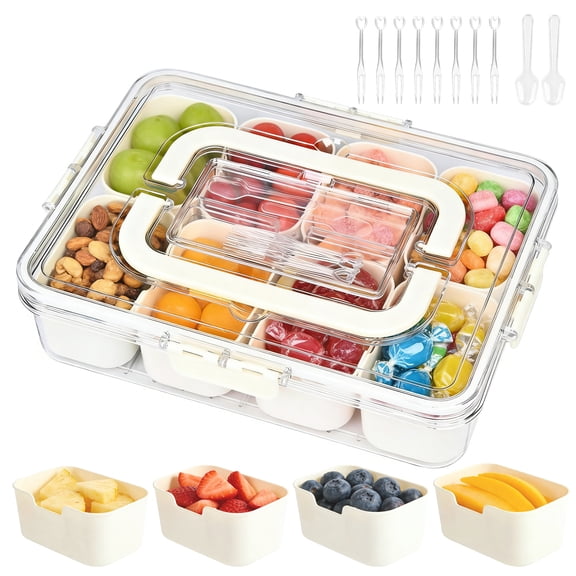 Aovky Snackle Box Container, 8-Compartment Divided Serving Tray with Sealed Lid and Handle, Portable Clear Organizer for Candy, Fruits, Nuts, Veggies, Party, Picnic, Travel