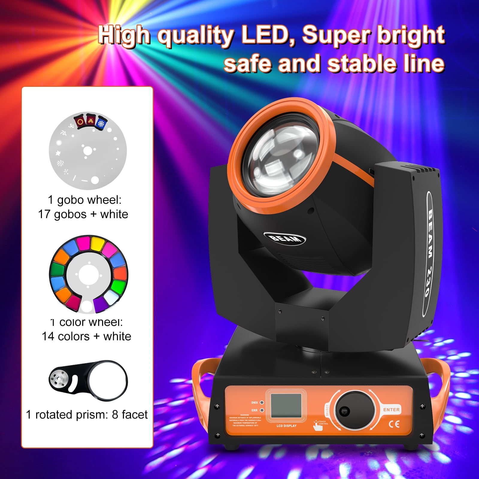 2pcs 7R 230W DJ Lights with Flight Case, 8 Prisms Beam Sharpy Moving Head Lights, 17 Gobos 14 Colours RGBW LED Disco Party Stage Lights for Weddings Christmas,Orange