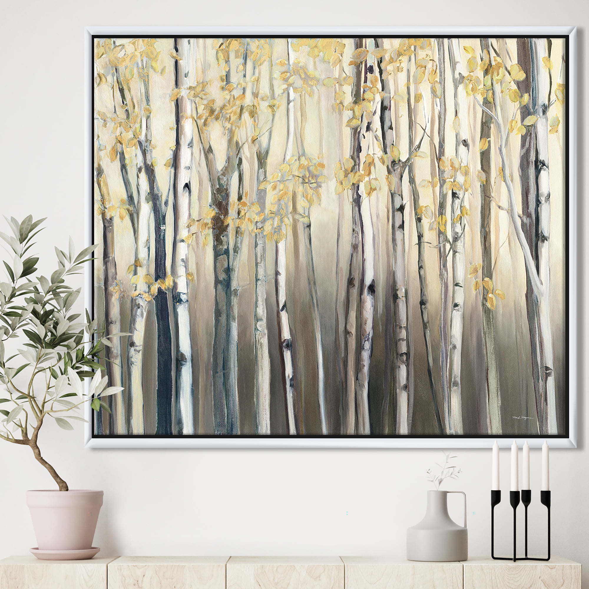 Designart ' Golden Birch Forest I ' Landscapes Framed Canvas
