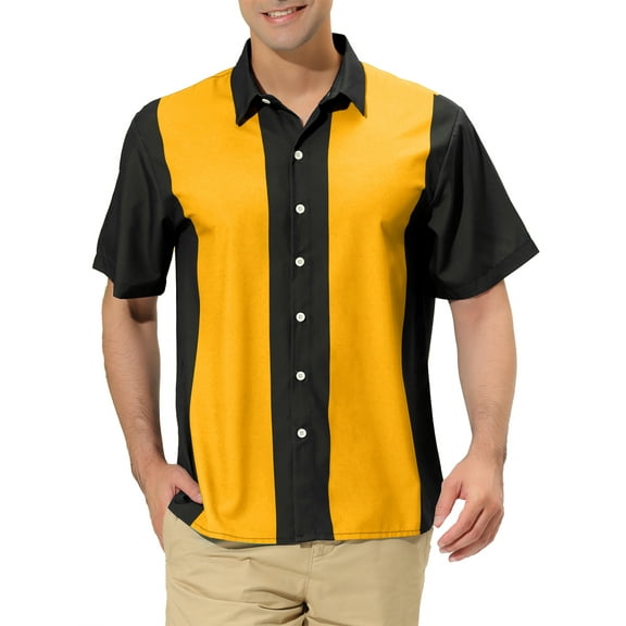 MODA NOVA Big & Tall Men's Beach Striped Button Down Color Block Shirts Black Yellow LT
